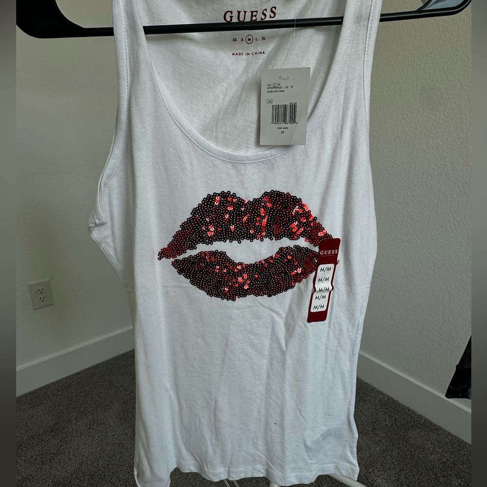 Guess White Tank Top with Red Sequin Design
